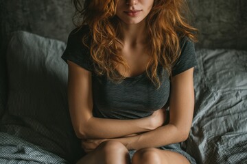 Naklejka premium Woman with Red Hair Clasping Her Stomach While Sitting on Striped Bedding in a Dark Room, Experiencing Pain