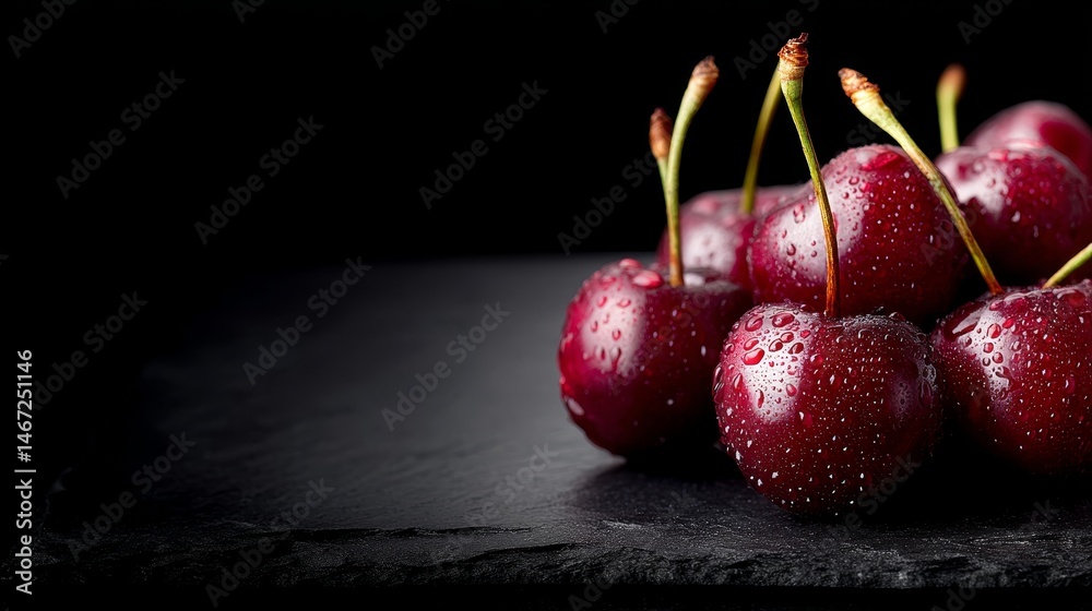 Poster Glossy red cherries with dew drops are elegantly arranged on a slate surface, illuminated by soft studio lighting, offering an appealing dark backdrop