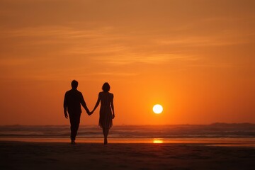 Silhouetted Couple Holding Hands Strolling on Sandy Shoreline with Golden Sunrise Over Ocean Waters