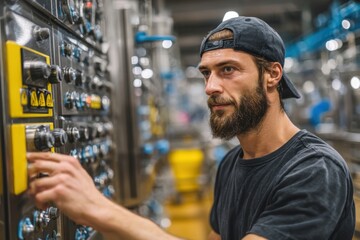 Caucasian man adjusting pressure valves on stainless steel tanks during brewery process, wearing dark clothing and baseball cap