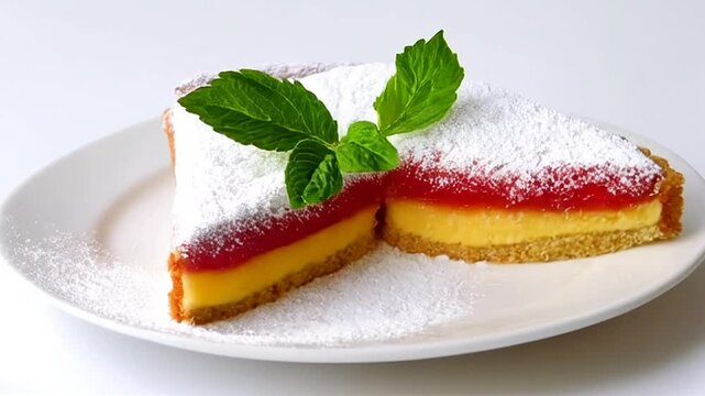High Angle Studio Shot of Two Custard Tart Slices with Powdered Sugar and Mint on White Plate with Seamless White Background
