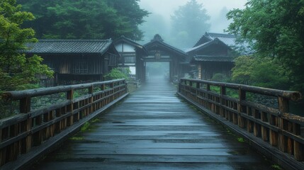Fototapeta premium Ancient wooden bridge in a misty Japanese village