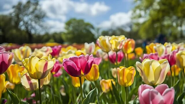 Close up of a Lush Field of Pink and Yellow Tulips Under a Clear Blue Sky in Natural Sunlight