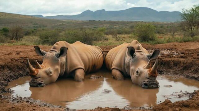 Two white rhinoceros are resting in a mud puddle on a cloudy day, enjoying the coolness and protection from the sun and insects, with a blurred natural landscape in the background