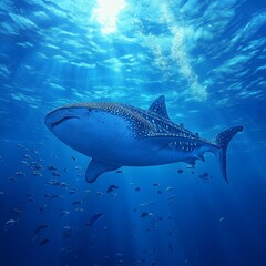 Obraz premium Whale Shark Underwater Amidst Sunlight Rays and School of Fish
