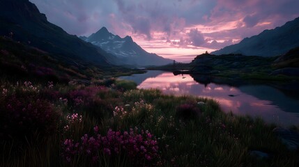Serene alpine valley at dusk with vibrant flowers reflecting peaceful colors on the calm water surface