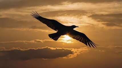 Naklejka premium Silhouette of a bird flying against a golden sunset sky with clouds and bright sun shining through