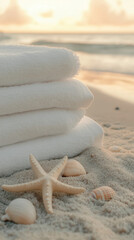 Beach hotel setup featuring four layers of large, soft, fluffy white towels lying on the sand with sea shells and starfish around in the sunset light  a peaceful, luxurious atmosphere for relaxation.