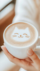 Latte art depicting cute cat face held in female hands with blurred background