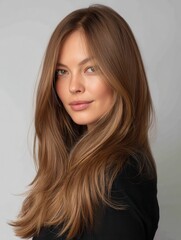 Long, light brown hair falling gracefully over shoulders, soft light enhancing silky texture and luster