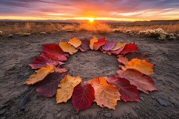Autumn leaves arranged in a circle on the ground at sunset, creating a serene and picturesque scene.