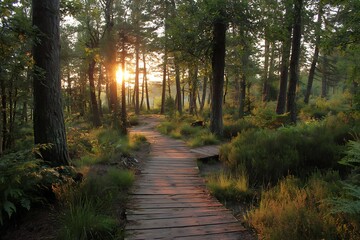 Obraz premium Warm dusk over forest with timber pathway 