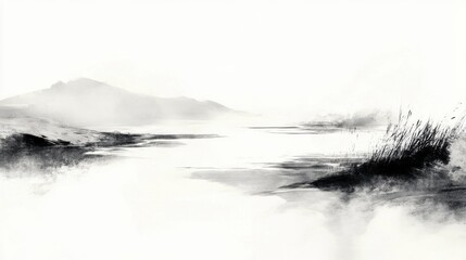 Obraz premium Minimalist Ink Painting of a Gently Flowing River