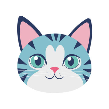 Vector illustration of a cute blue cartoon cat face with big green eyes, pink ears and nose, and a friendly expression. Perfect for stickers, kids&rsquo; products, pet-themed branding, greeting cards