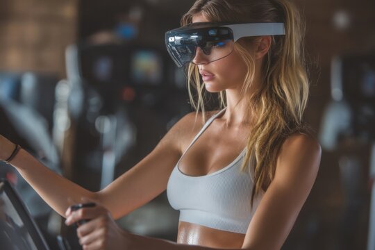 Woman Exercising on Treadmill Wearing Extended Reality Headset for Immersive Fitness Experience