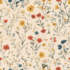 repeating vintage floral pattern with 70 unique colorful flowers, illustrated in soft muted tones, botanical sketch style, evenly spaced on a warm beige background, seamless desktop wallpaper design, 