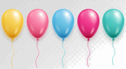 Five inflated balloons arranged horizontally. Colored yellow, pink, light blue, purple, and teal. Each balloon is tied with a thin string on a transparent background, suitable for vector graphics.