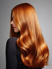 Naklejka premium Long light copper orange hair glowing under soft light, smooth strands with even flow and radiant warm shine