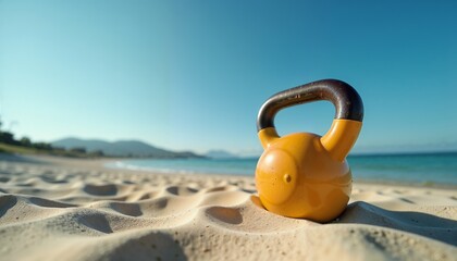 Yellow kettlebell resting on sandy beach with ocean view and clear sky