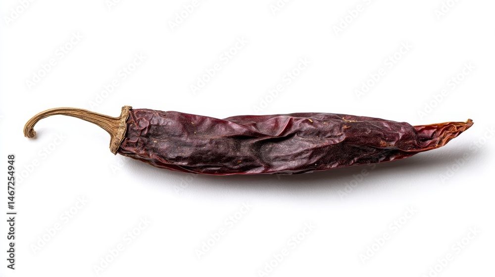 Poster Single dried red chili pepper is highlighted in a medium close-up view, emphasizing its rustic textures against a clean white background with ample copy space