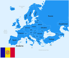 Fototapeta premium Europe Map Highlighted at Andorra Country with Flag and capital city