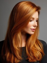 Naklejka premium Radiant ginger hair swept to one side, glowing under soft light with silky texture and balanced shine
