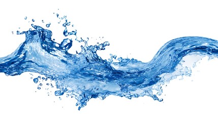 Water splashes and drops isolated on white background, abstract background with blue water wave