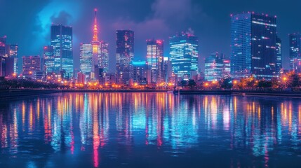 Fototapeta premium Futuristic Tokyo Skyline Glowing with Neon Reflections