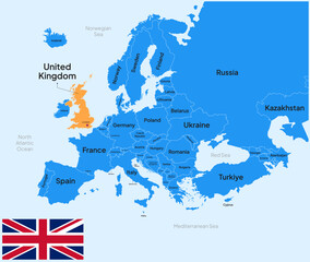 Obraz premium Europe Map Highlighted at United Kingdom UK Country with Flag and capital city