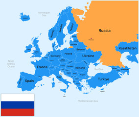 Obraz premium Europe Map Highlighted at Russia Country with Flag and capital city