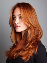 Naklejka premium Smooth, evenly layered long Ginger Spice hair cascading over shoulders, glowing texture in high definition