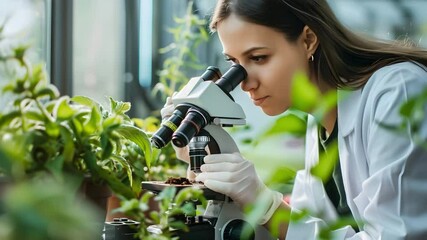 Scientist examining plant sample under microscope in laboratory focused on green biology research with curiosity and engagement - Powered by Adobe