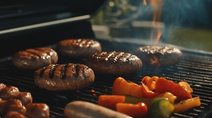 Delicious Grilled Burgers and Peppers on a Backyard BBQ
