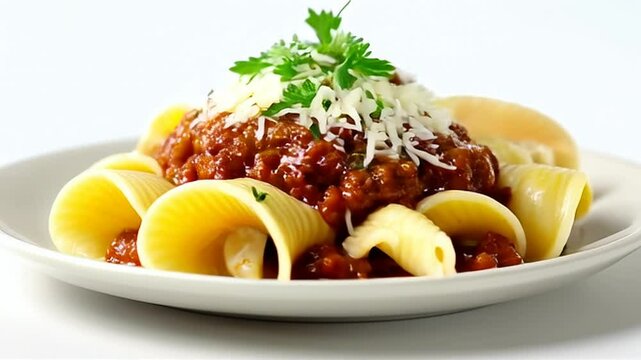 Lumaconi Pasta Topped with Meat Sauce and Shredded Cheese Garnished with Parsley on White Plate Close Up Still Life Studio Shot