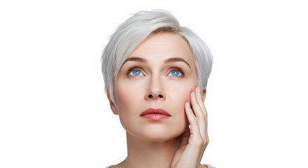 Woman with short hair looking up on white background