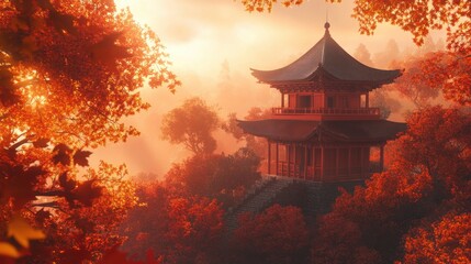 Obraz premium Zen Temple Surrounded by Vibrant Autumn Leaves Ultra A