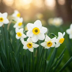 Blooming Daffodils at Golden Hour in a Spring Meadow