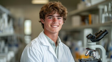 Smiling student in lab coat, focused on science