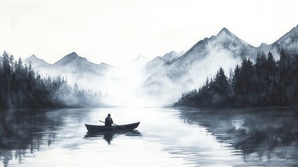 Fototapeta premium Hand-drawn ink painting of a fisherman rowing a boat