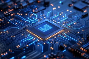 Obraz premium Close-up of a CPU on a circuit board with glowing components