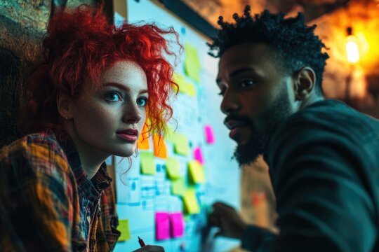 Two colleagues, a woman with red hair and a man, brainstorming ideas using sticky notes on a whiteboard.