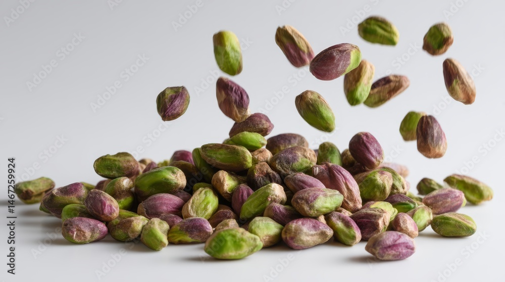Aufkleber suspended shelled pistachios are artistically showcased against a bright background, emphasizing the
