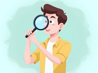 A man holding a magnifying glass while showing curiosity in a flat illustration featuring a clean and modern design style, ideal for educational content or research themes art