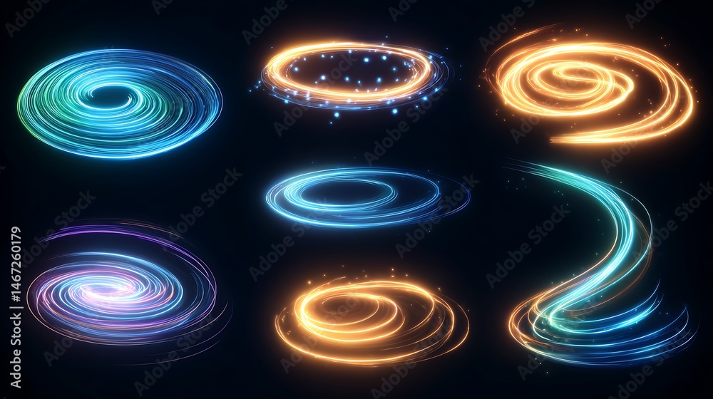 Poster waved neon lights with swoosh effects, realistic modern illustration set of glowing swirl lines, fla