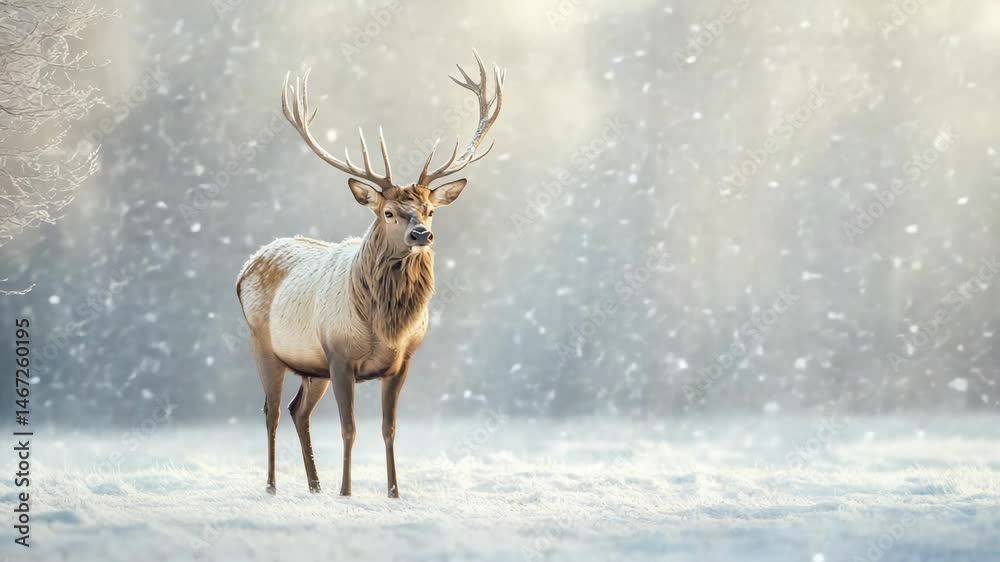 Poster large male deer with antlers standing in snowy field during light snowfall with blurred background o