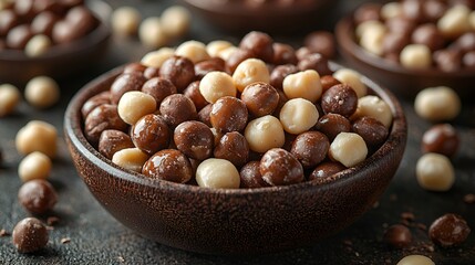 Obraz premium Bowl of milk and dark chocolate coated balls.