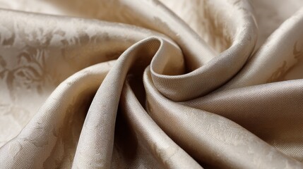 Detail of luxurious woven silk fabric featuring subtle floral embossing in creamy tones, inviting touch and appreciation for its elegance and craftsmanship
