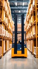 A forklift navigates narrow aisles in a large warehouse filled with stacked cardboard boxes on shelves