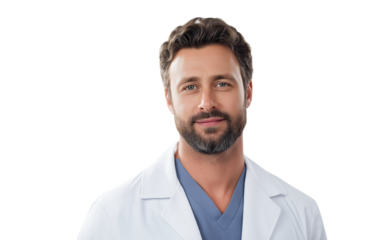 Portrait of a professional smiling doctor with stethoscope, handsome man, isolated on transparent background