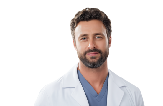 Portrait of a professional smiling doctor with stethoscope, handsome man, isolated on transparent background